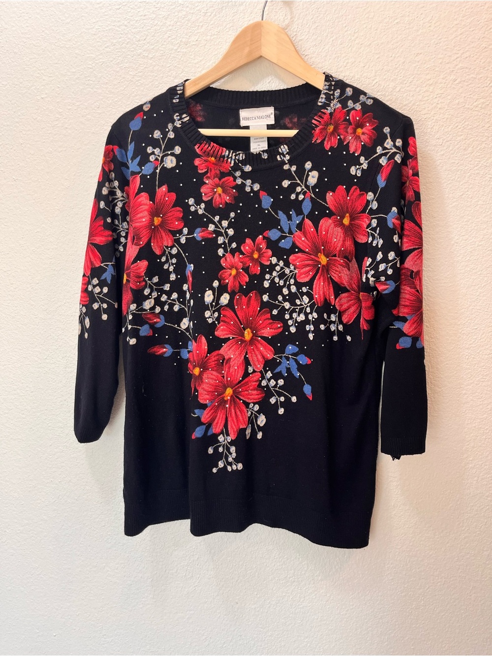 Rebecca Malone Black Sweater with Red Floral Print